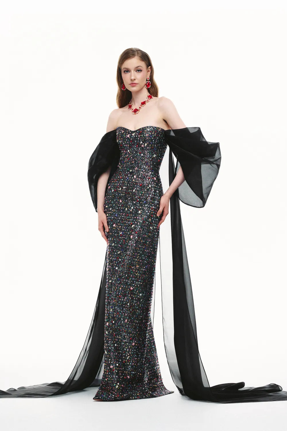 Puffy Draped Sleeves Strapless Crystal Dress