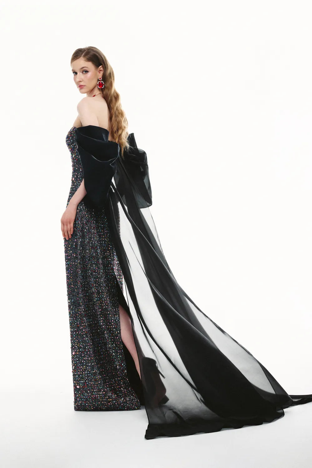 Puffy Draped Sleeves Strapless Crystal Dress