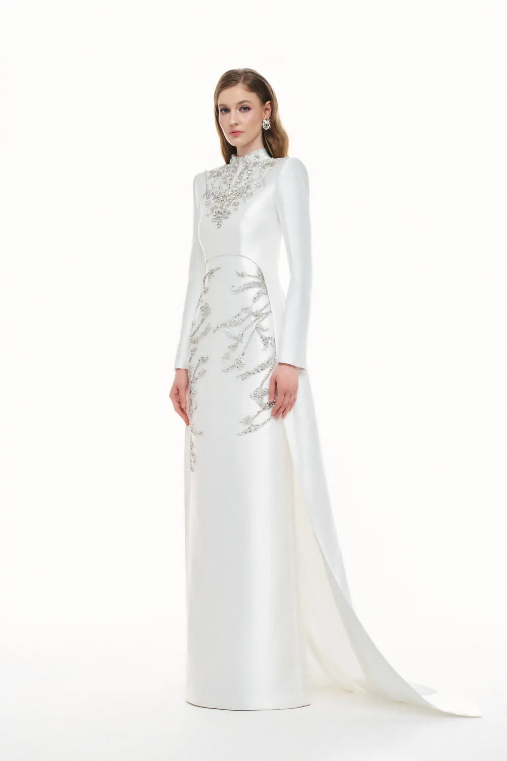 Crystal Embellished Straight Skirt With Long Back Flap Dress