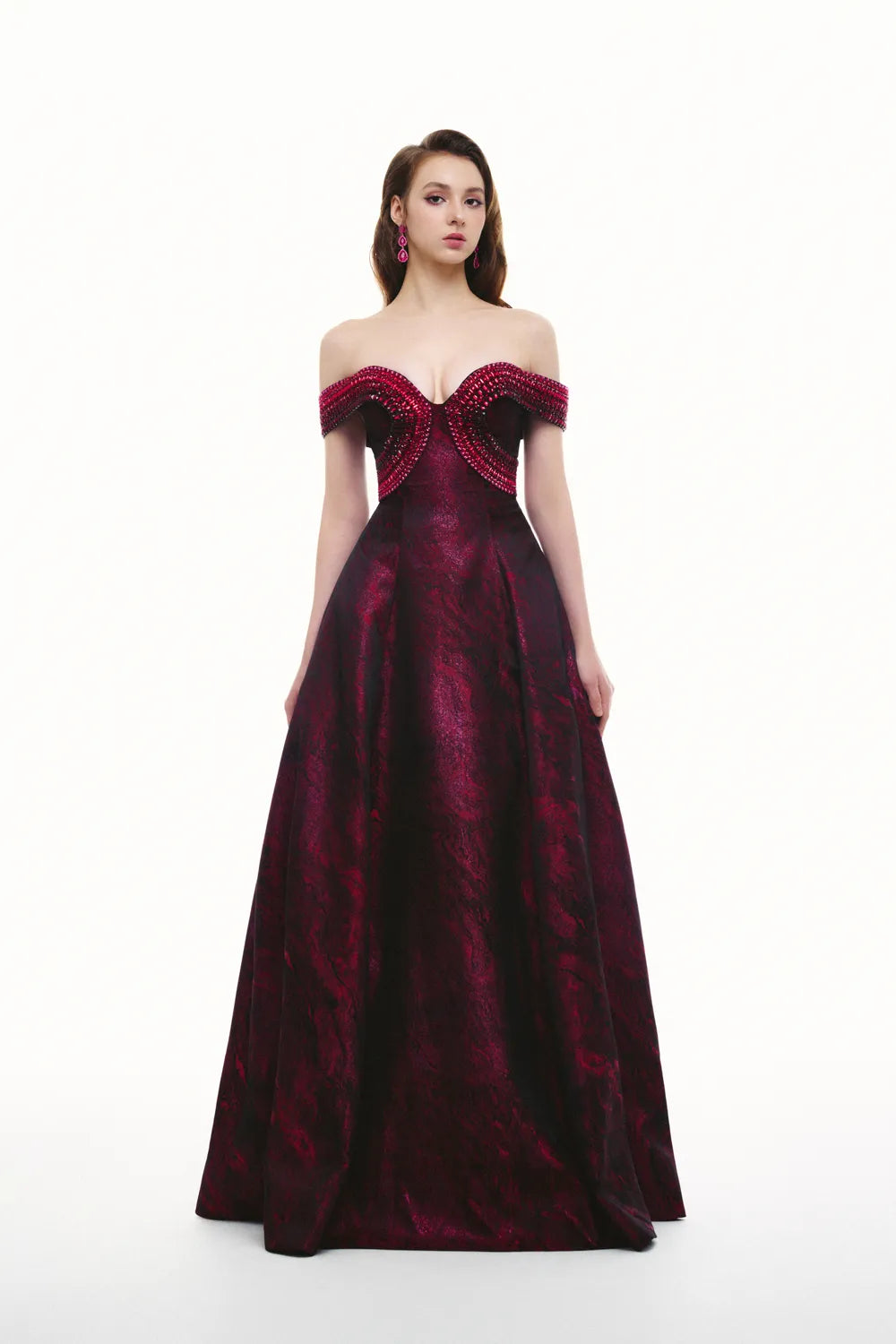 Crystal Embellished Off Shoulder Flared A-Line Dress