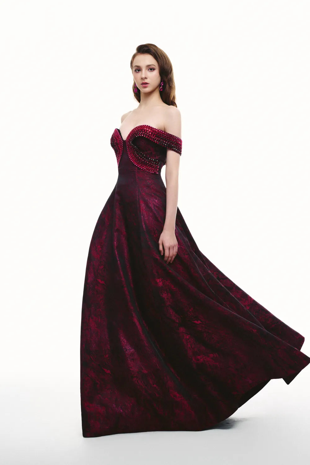 Crystal Embellished Off Shoulder Flared A-Line Dress