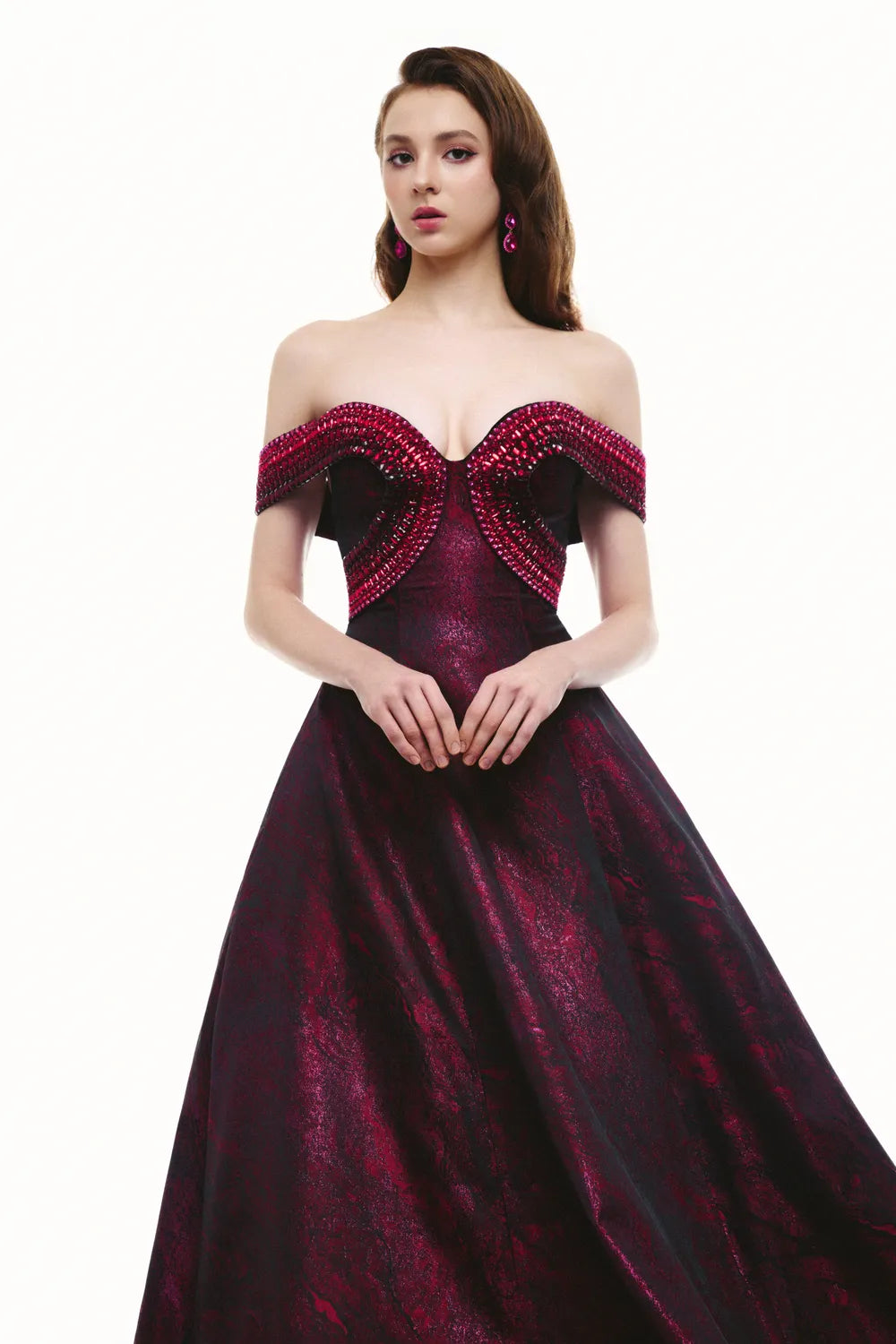 Crystal Embellished Off Shoulder Flared A-Line Dress