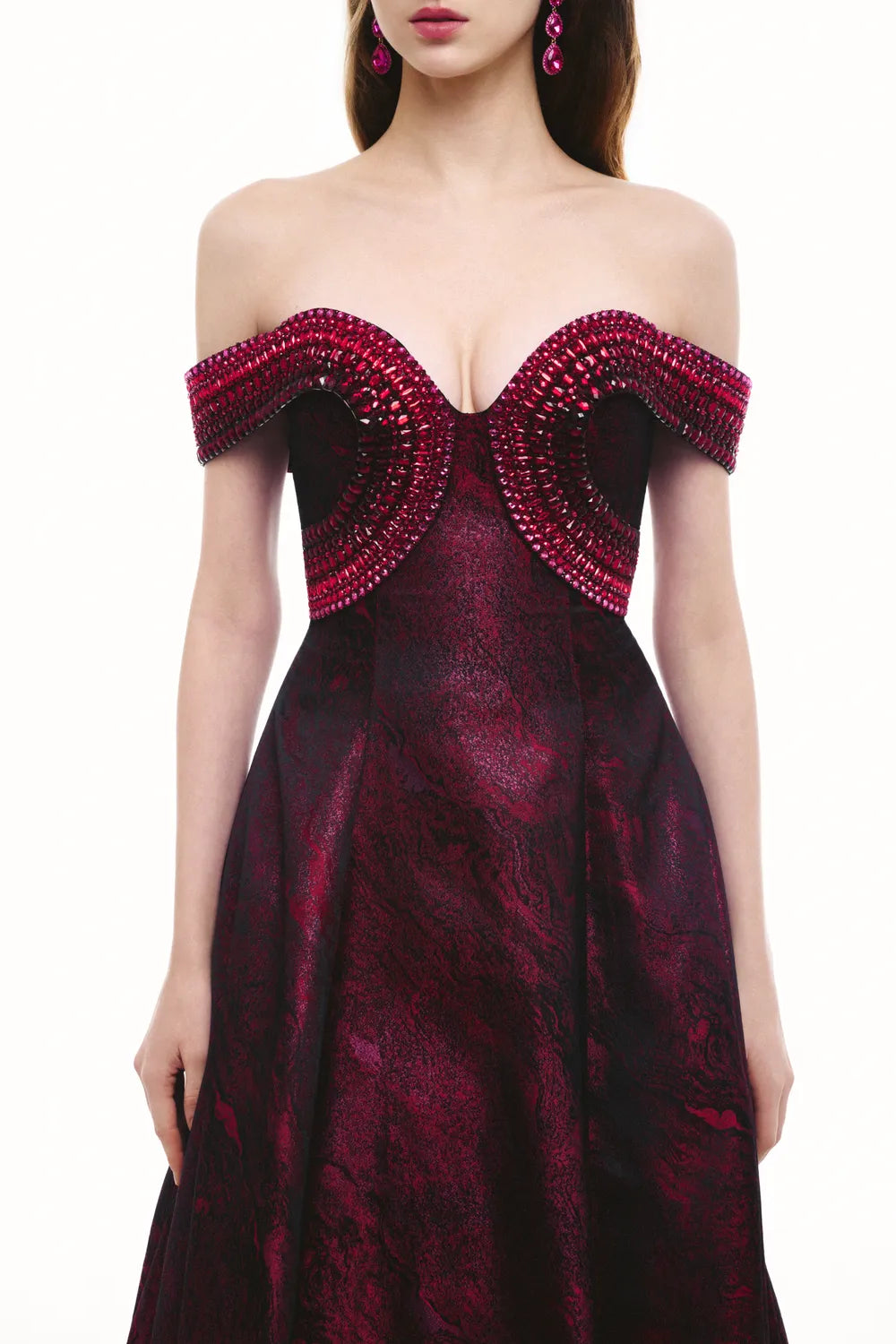 Crystal Embellished Off Shoulder Flared A-Line Dress