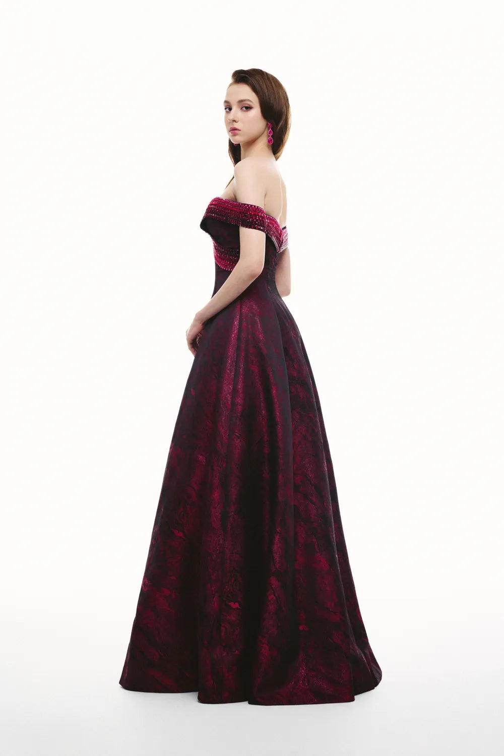 Crystal Embellished Off Shoulder Flared A-Line Dress