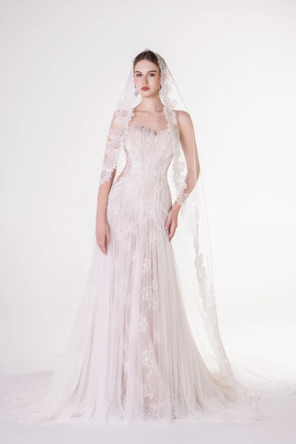 Gathered Mesh Floor Length Dress - TRACY COUTURE