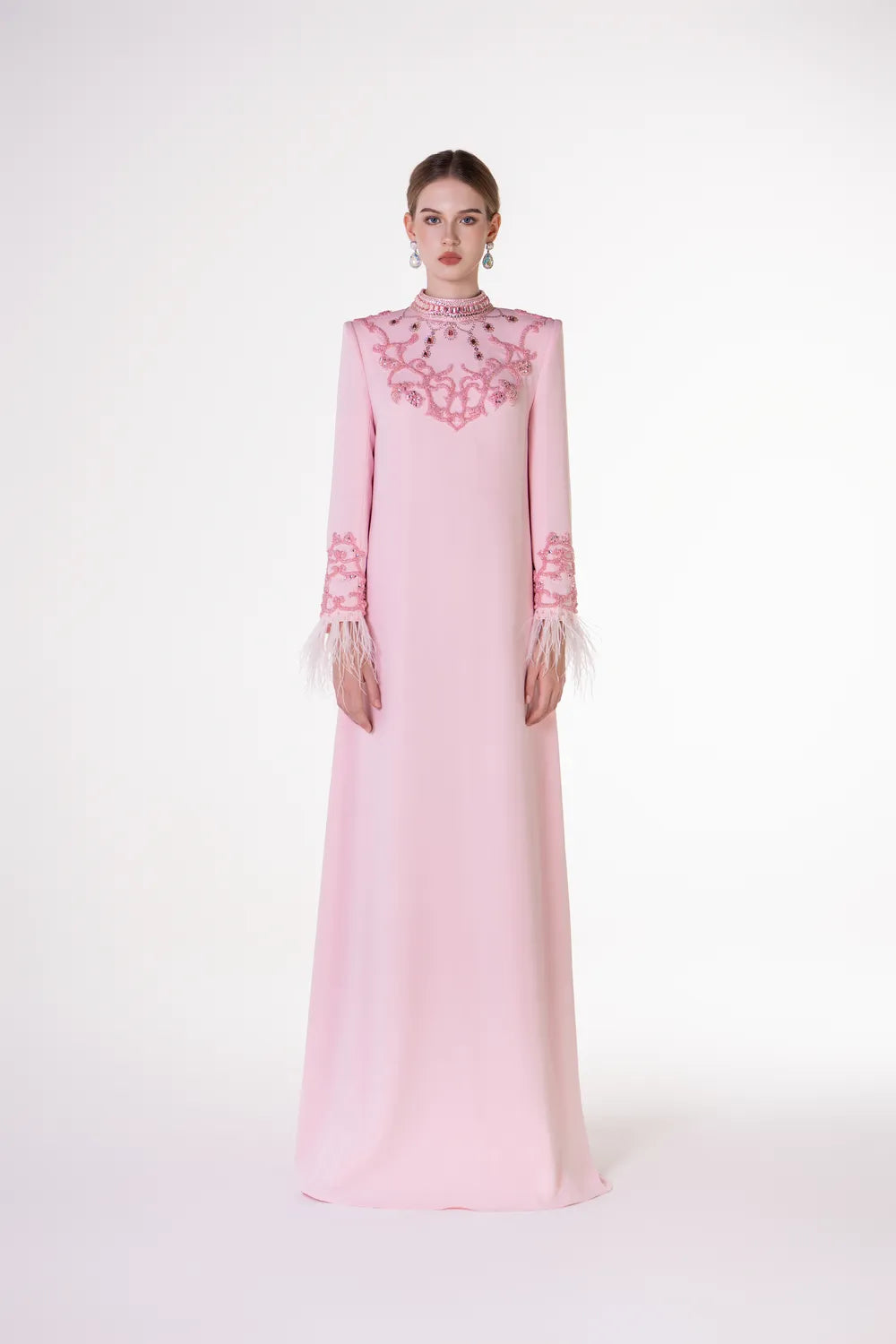 Crystal Embellished High Neck Feather Sleeve Cuff Dress