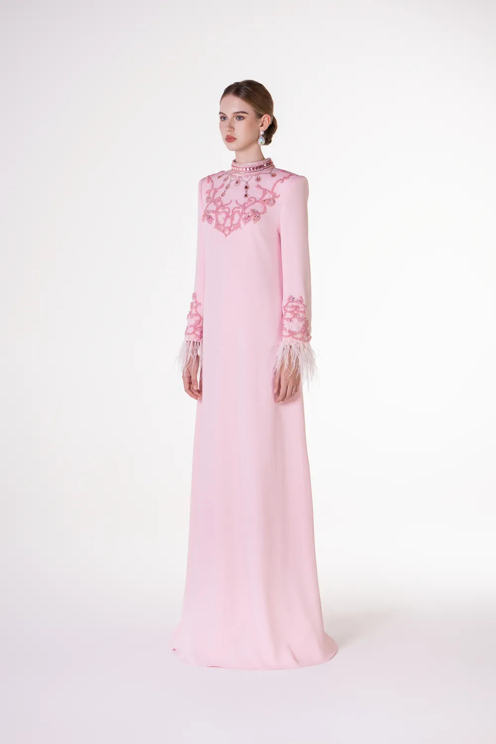 Crystal Embellished High Neck Feather Sleeve Cuff Dress