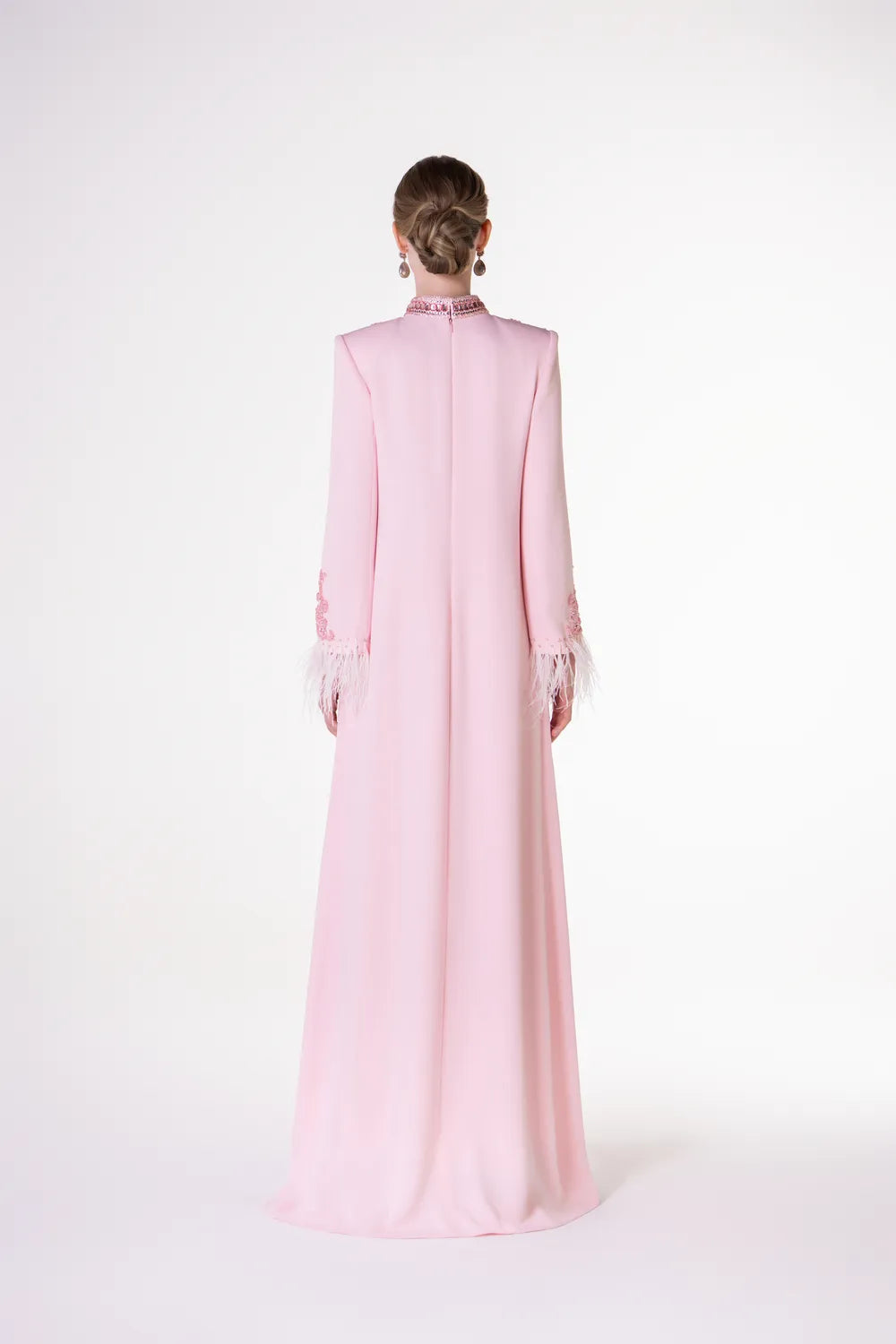 Crystal Embellished High Neck Feather Sleeve Cuff Dress