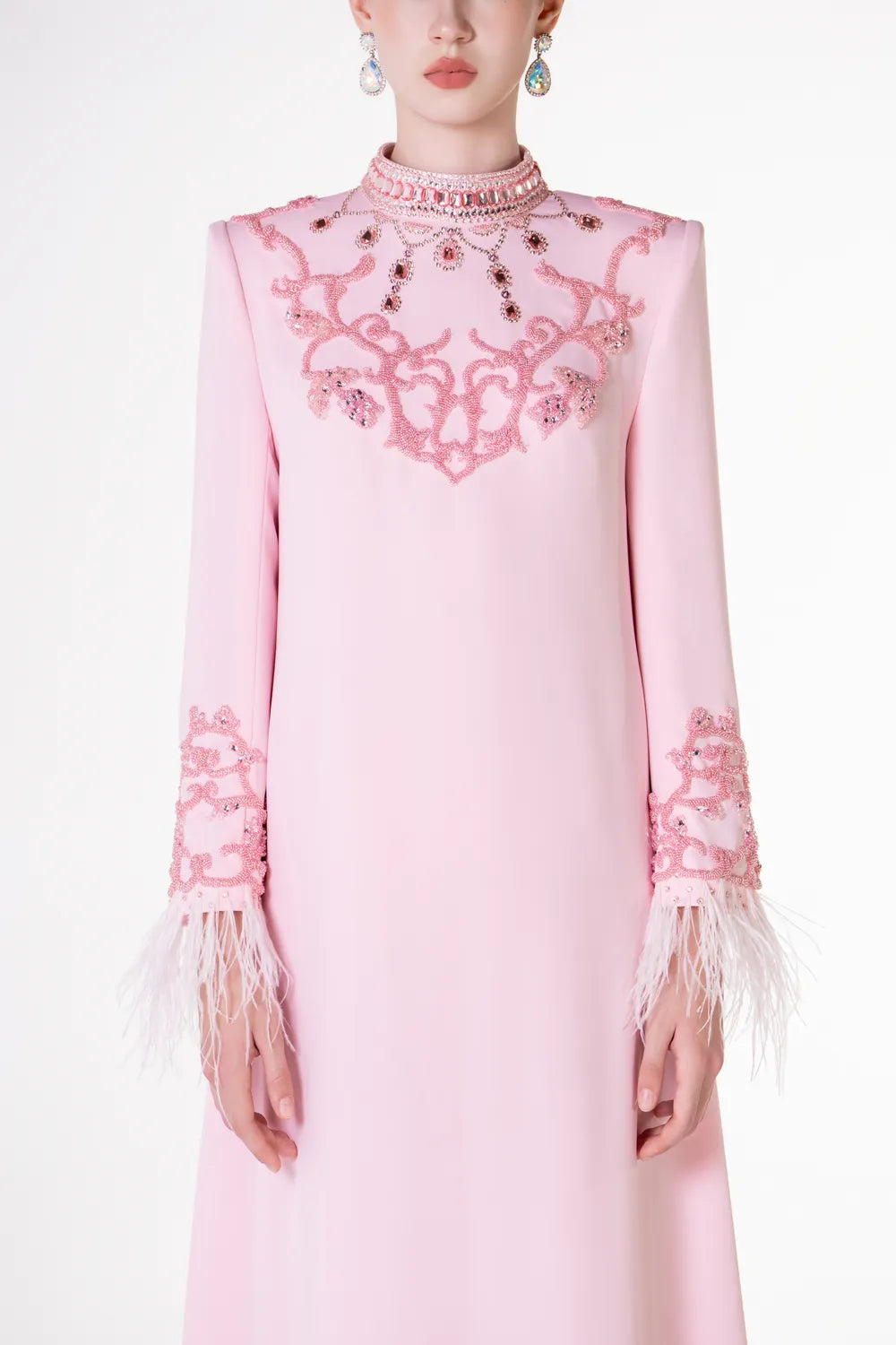 Crystal Embellished High Neck Feather Sleeve Cuff Dress