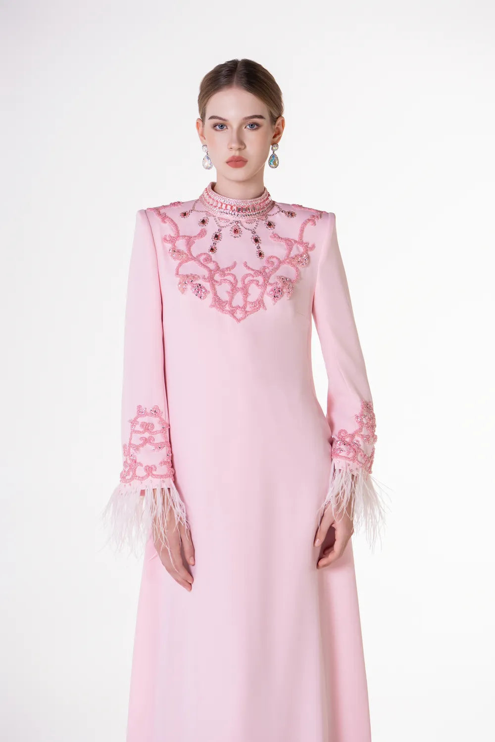 Crystal Embellished High Neck Feather Sleeve Cuff Dress