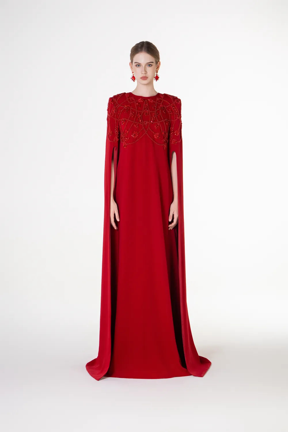 Padded Shoulder Long Cape Sleeve A-Line Dress