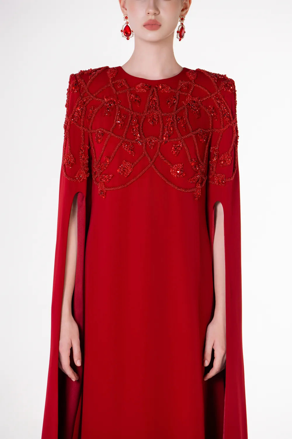 Padded Shoulder Long Cape Sleeve A-Line Dress