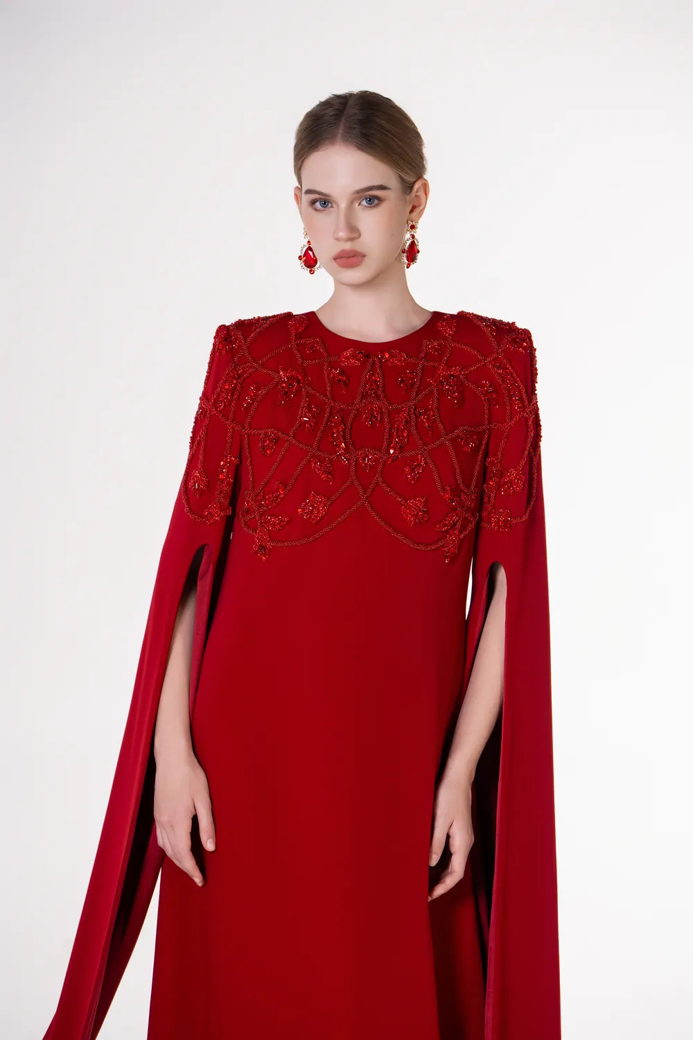 Padded Shoulder Long Cape Sleeve A-Line Dress