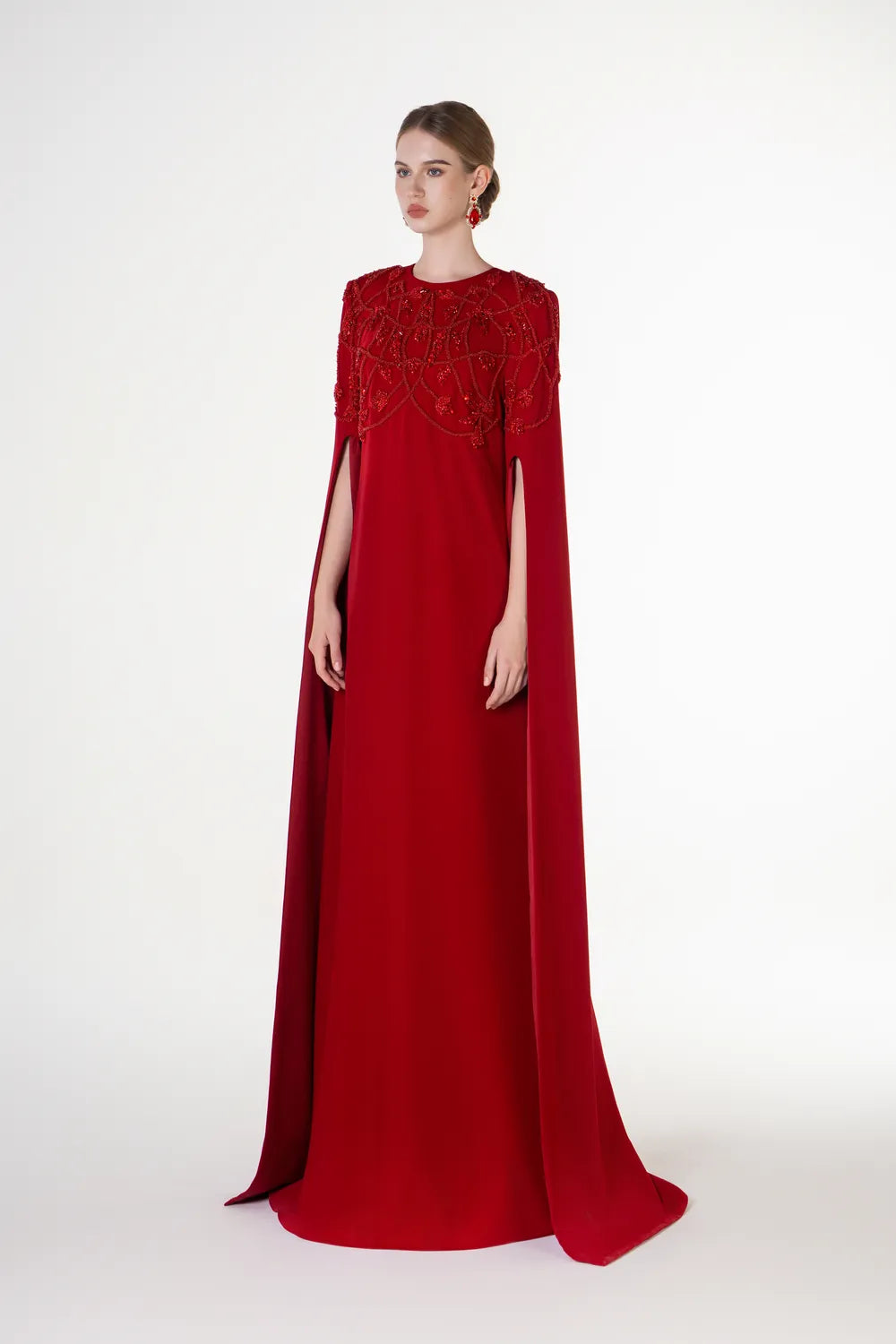 Padded Shoulder Long Cape Sleeve A-Line Dress