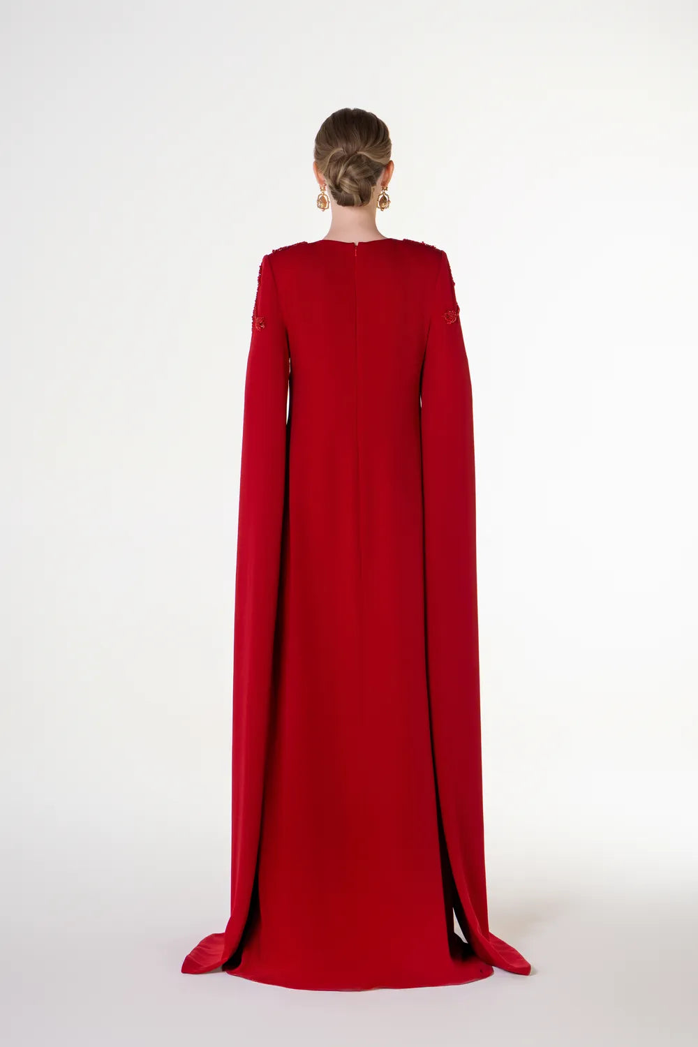 Padded Shoulder Long Cape Sleeve A-Line Dress