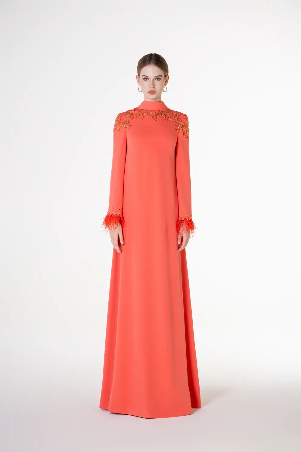 Open V-Back Feather Sleeve Cuff A-Line Dress