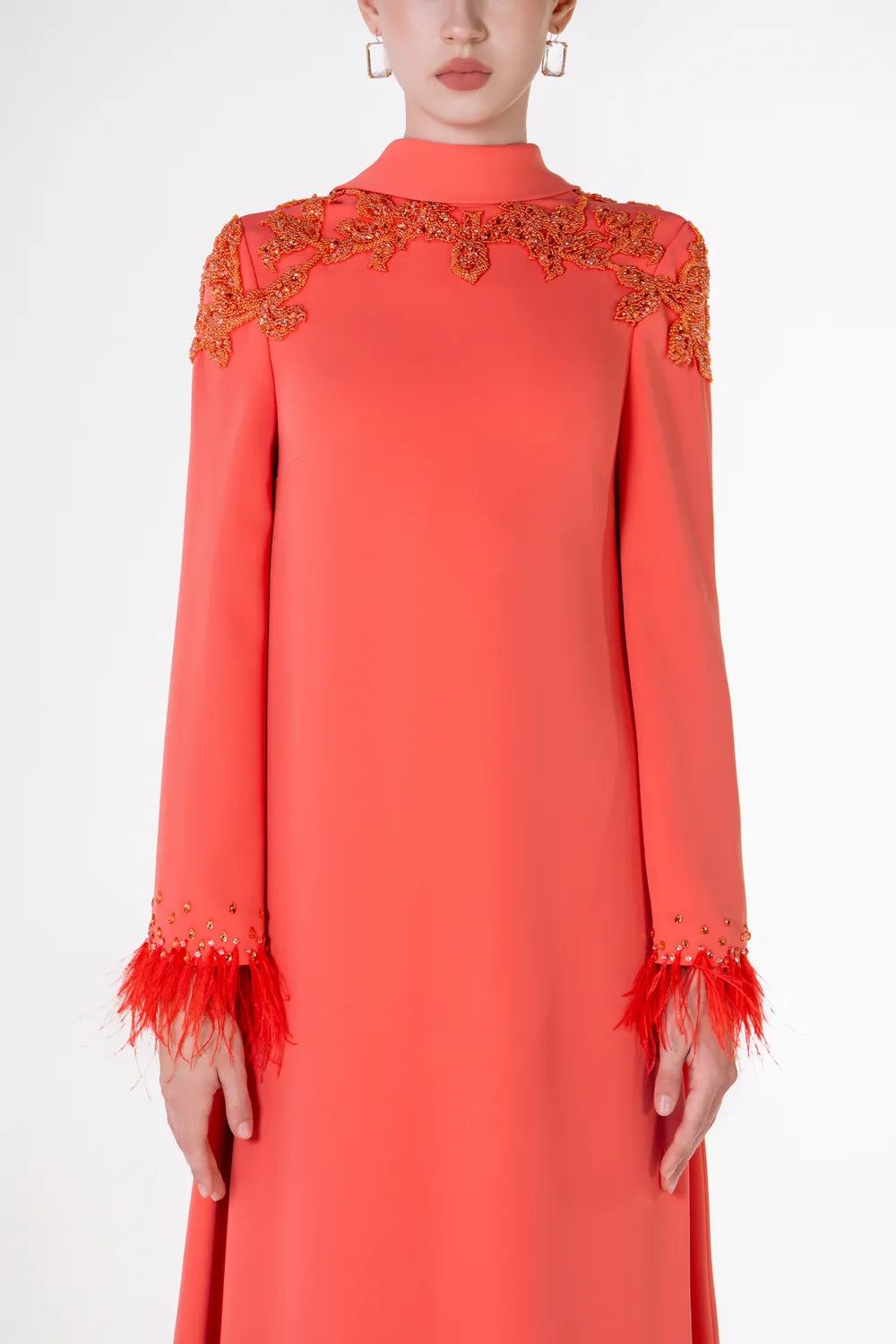 Open V-Back Feather Sleeve Cuff A-Line Dress