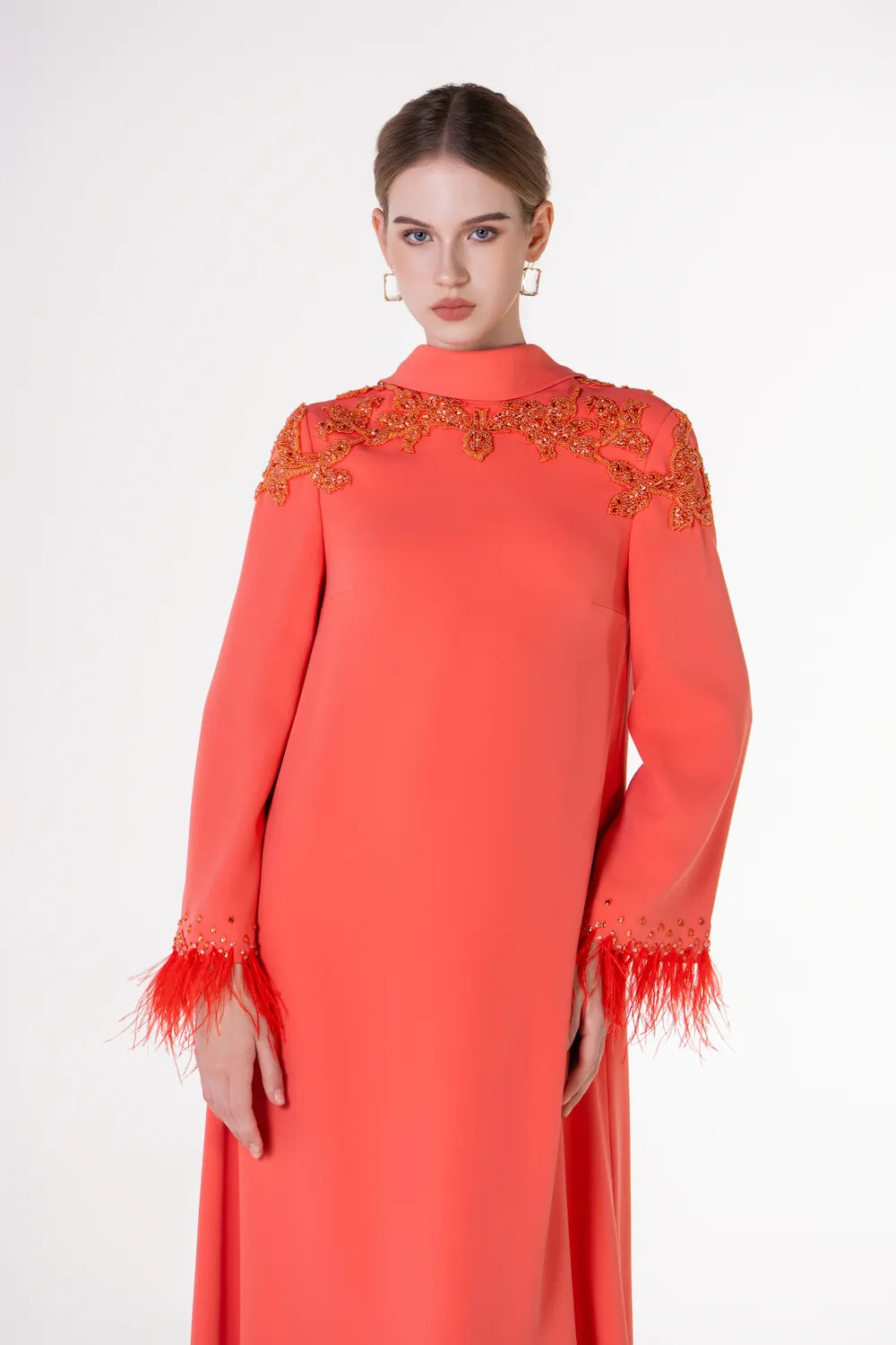 Open V-Back Feather Sleeve Cuff A-Line Dress
