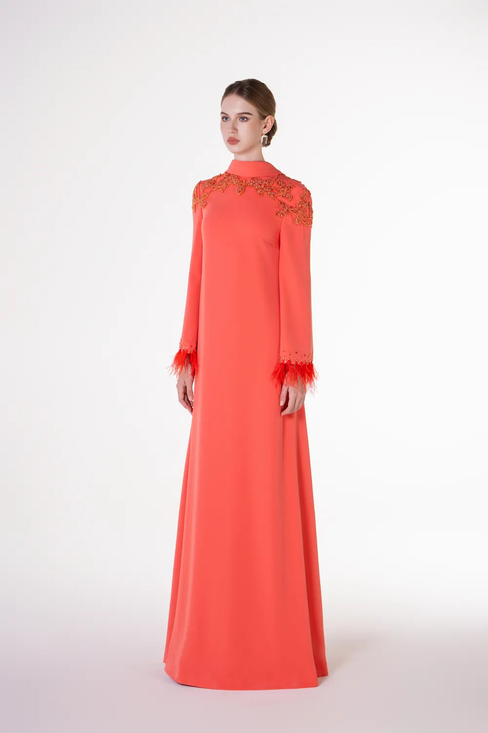 Open V-Back Feather Sleeve Cuff A-Line Dress