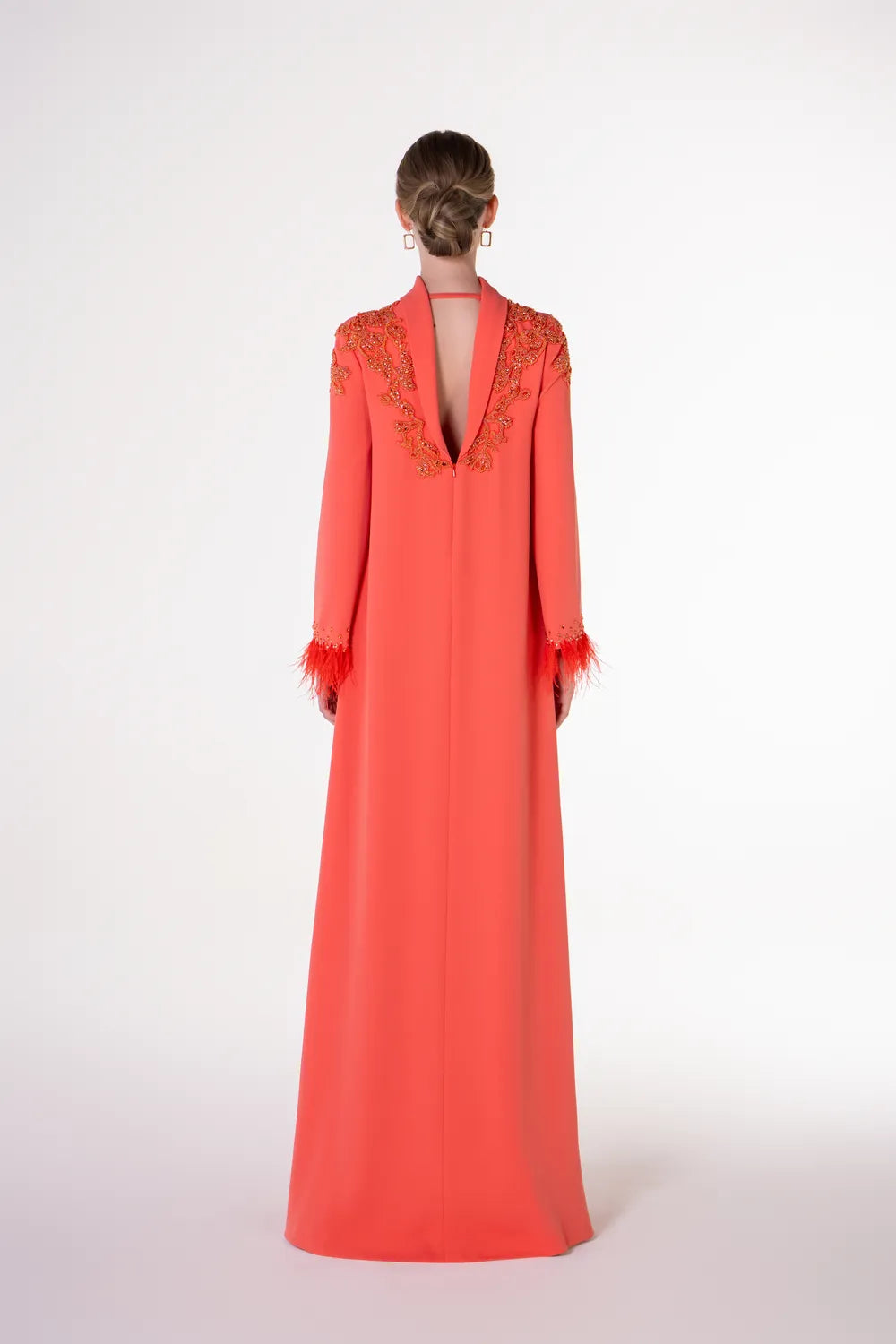 Open V-Back Feather Sleeve Cuff A-Line Dress