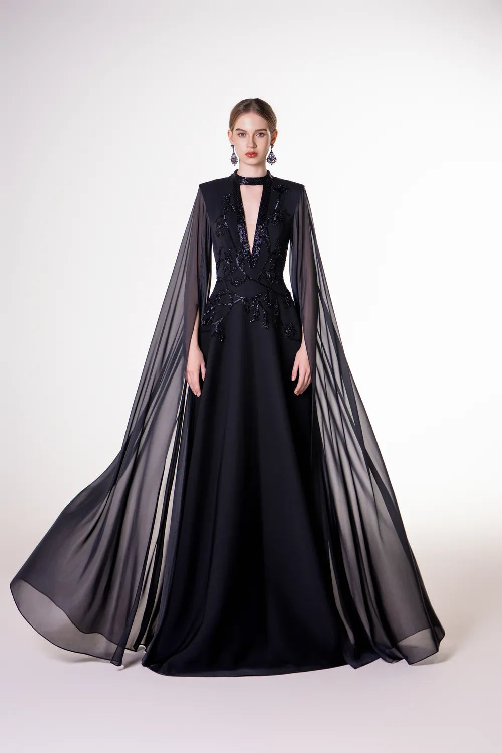 Flowing Long Cape Sleeves Deep V-chest Dress