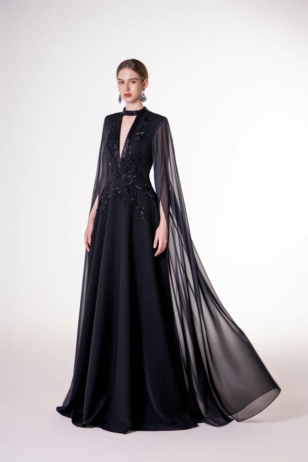 Flowing Long Cape Sleeves Deep V-chest Dress