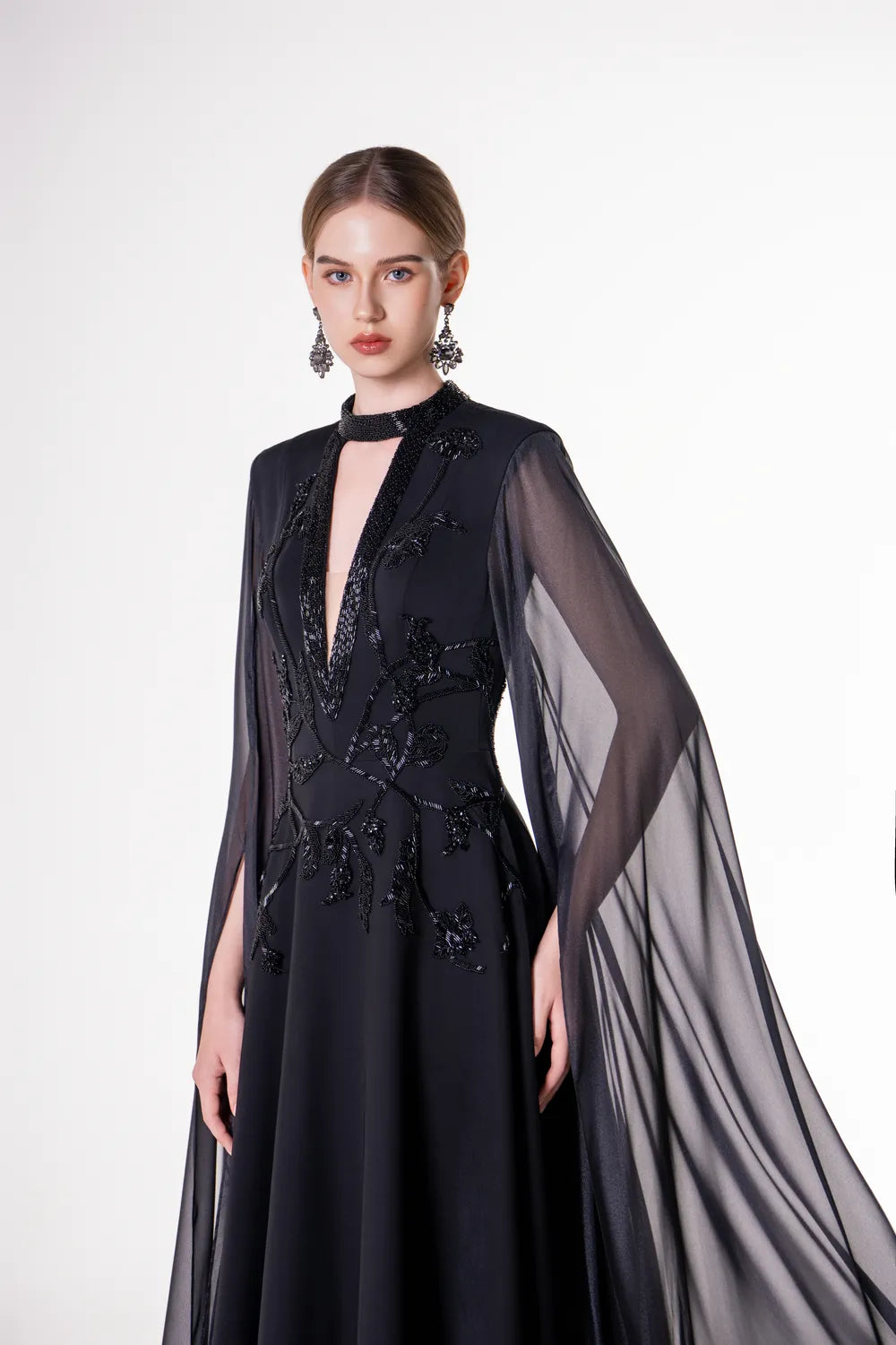 Flowing Long Cape Sleeves Deep V-chest Dress