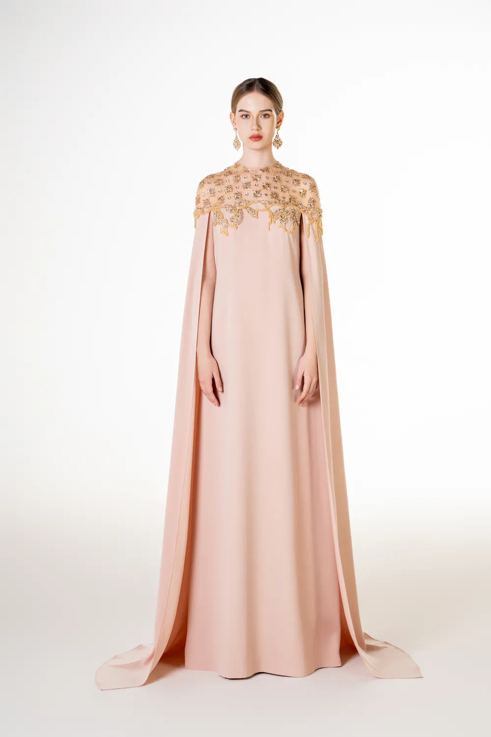See Through Shoulder Crystal Embellished Cape Dress