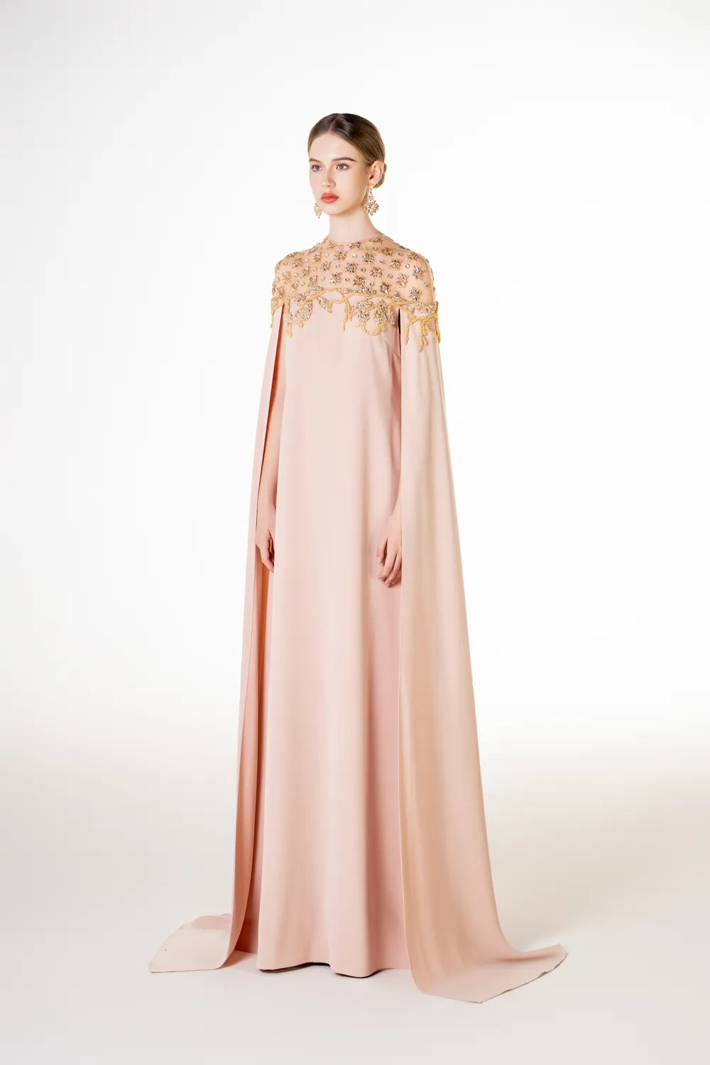 See Through Shoulder Crystal Embellished Cape Dress