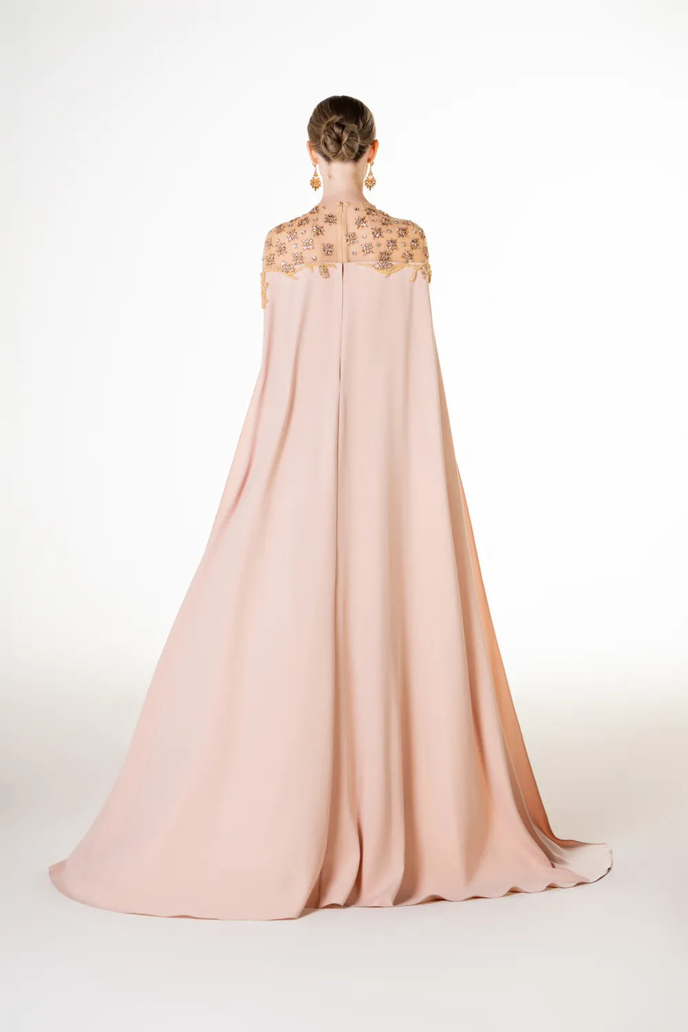 See Through Shoulder Crystal Embellished Cape Dress
