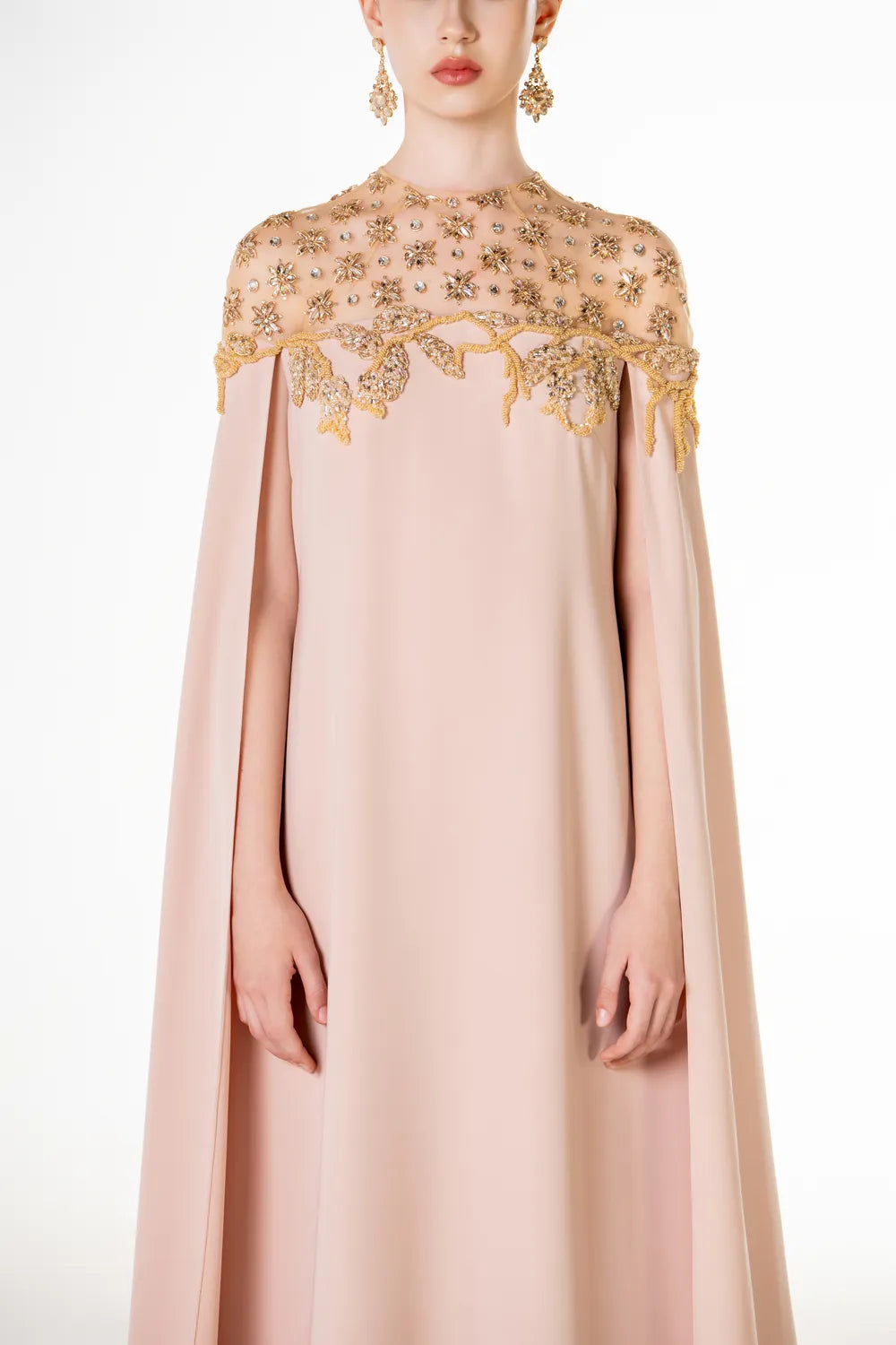 See Through Shoulder Crystal Embellished Cape Dress