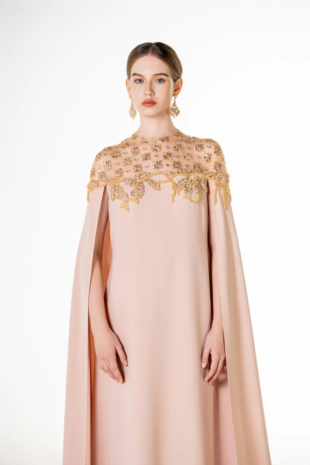 See Through Shoulder Crystal Embellished Cape Dress