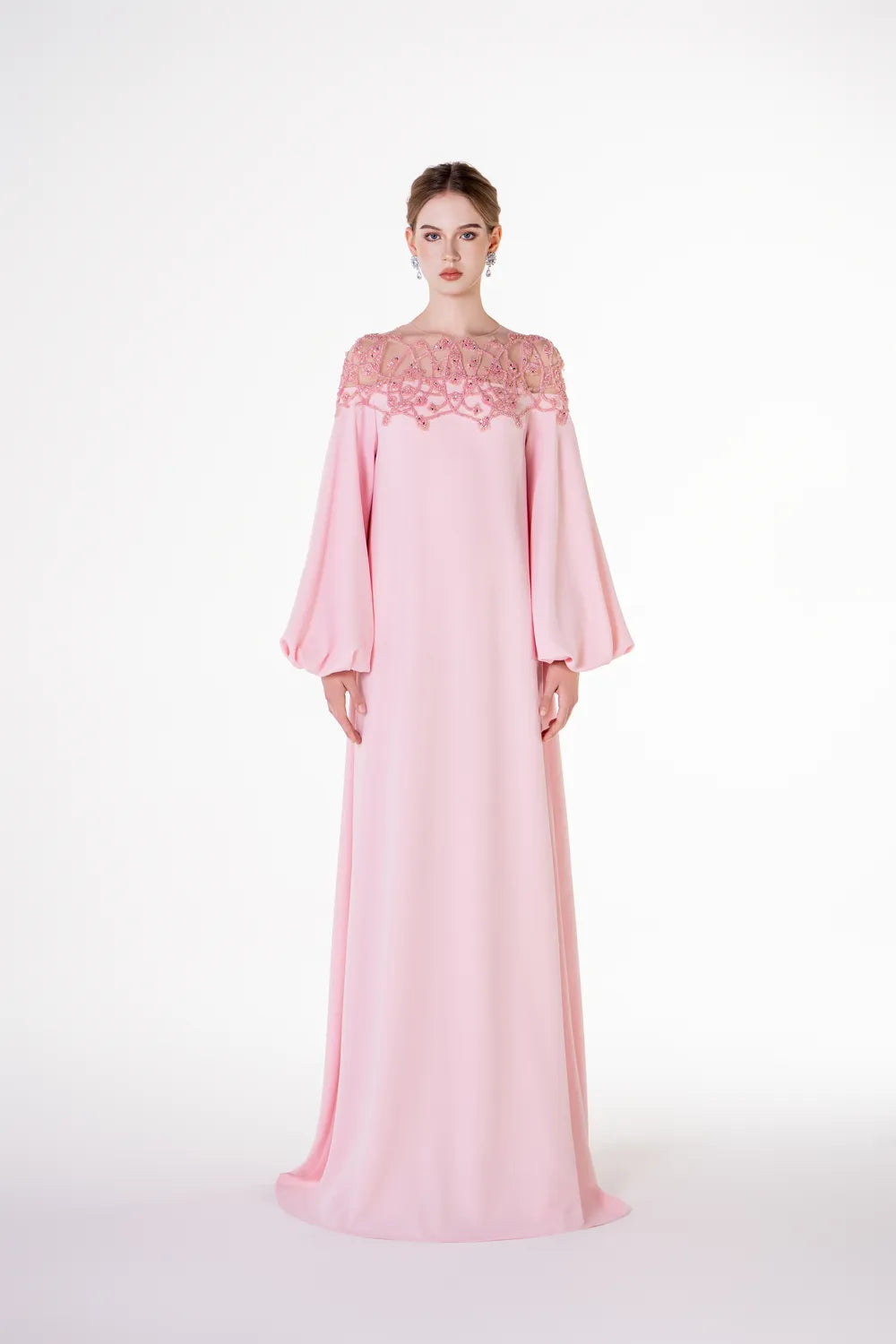 Long Puffy Sleeve Crystal Embellished Shoulder Dress