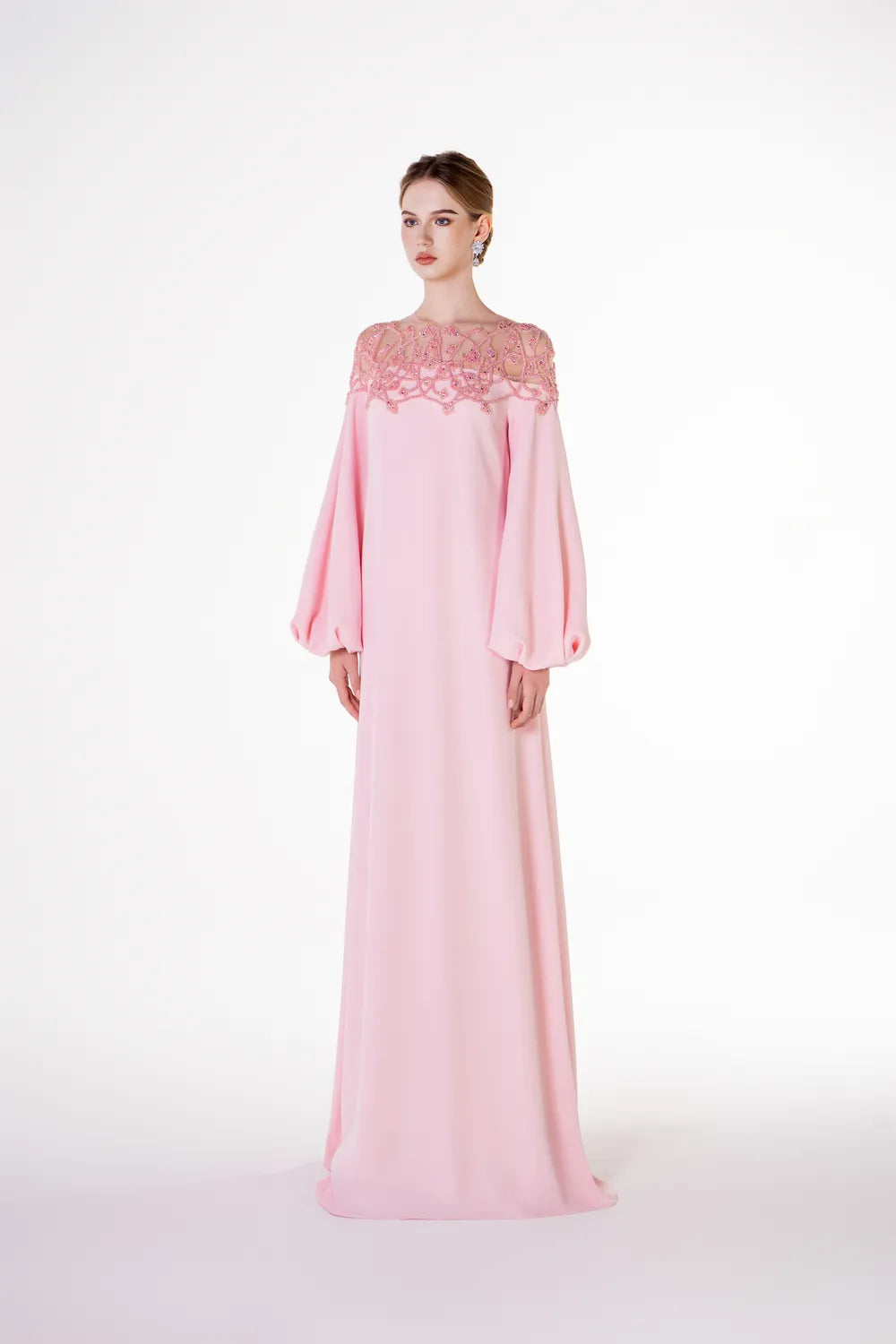 Long Puffy Sleeve Crystal Embellished Shoulder Dress