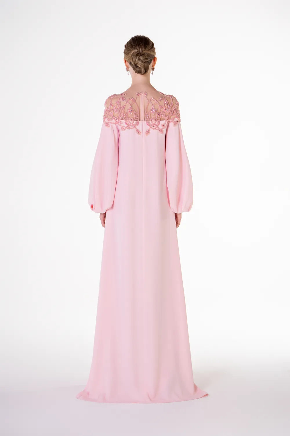 Long Puffy Sleeve Crystal Embellished Shoulder Dress