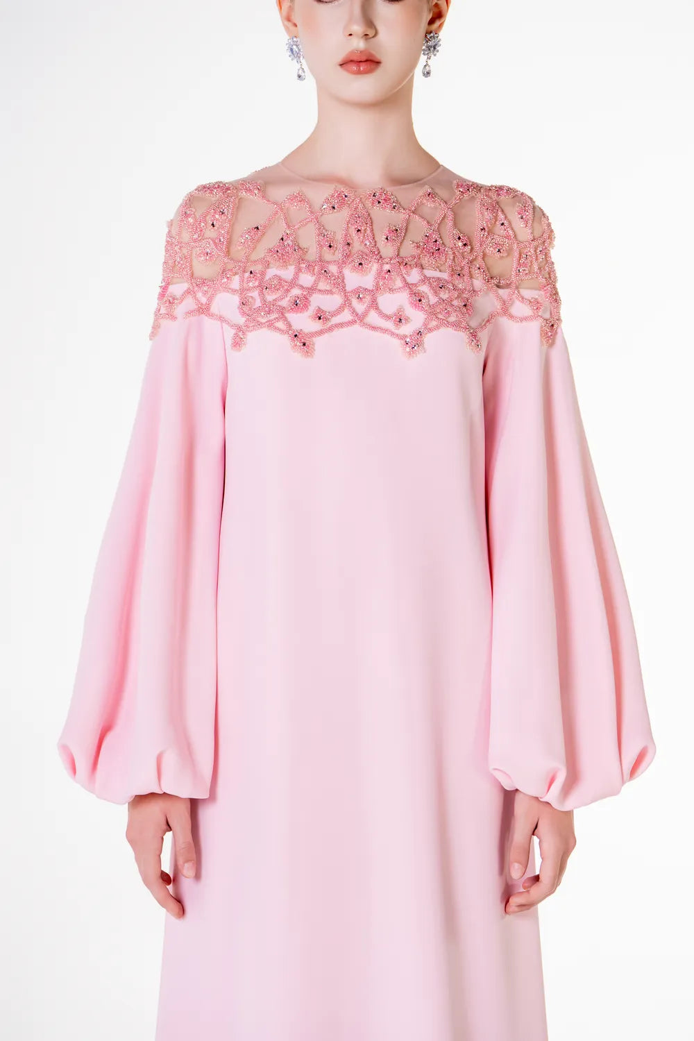 Long Puffy Sleeve Crystal Embellished Shoulder Dress