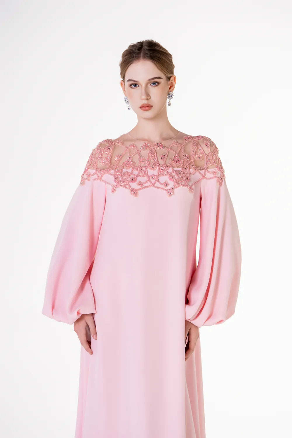 Long Puffy Sleeve Crystal Embellished Shoulder Dress