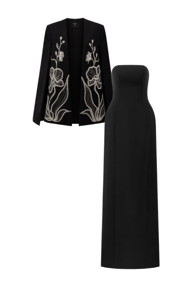 Crystal Embellished A-line Cape With Straight Strapless Basic Dress Set