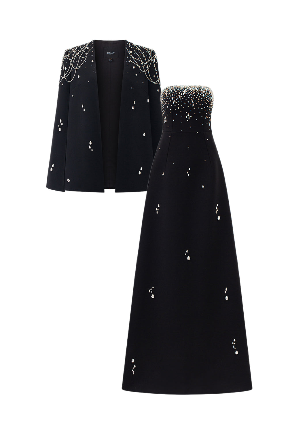 Crystal Strings Cape With Straight Across Crystal Embellished Dress Set