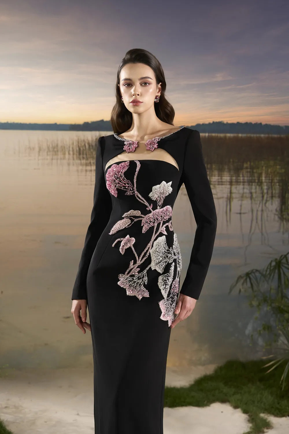 Wide Neck Open Chest Floral Embellished Dress - TRACY COUTURE