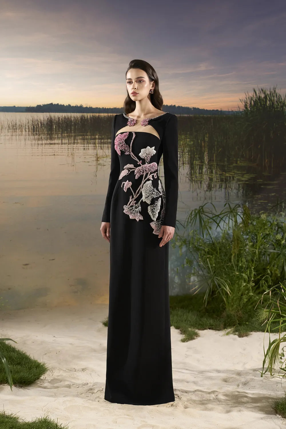 Wide Neck Open Chest Floral Embellished Dress - TRACY COUTURE