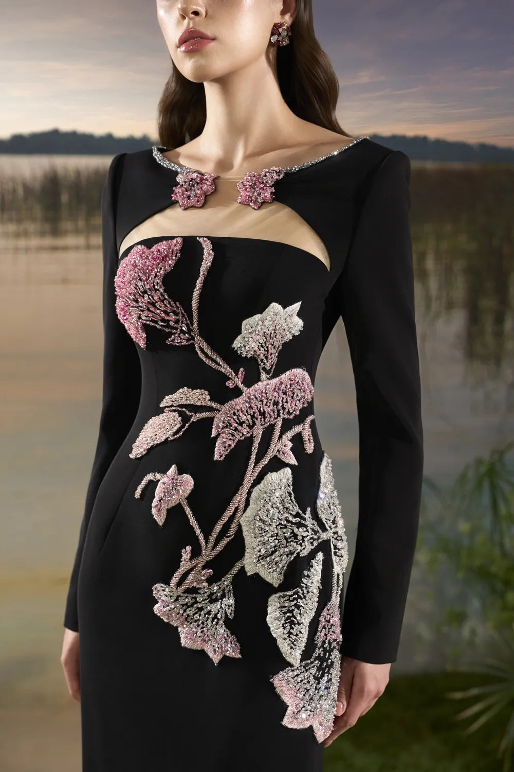 Wide Neck Open Chest Floral Embellished Dress - TRACY COUTURE