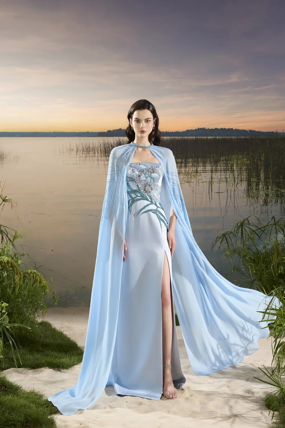 Flowing Cape With Strapless Dress Set - TRACY COUTURE