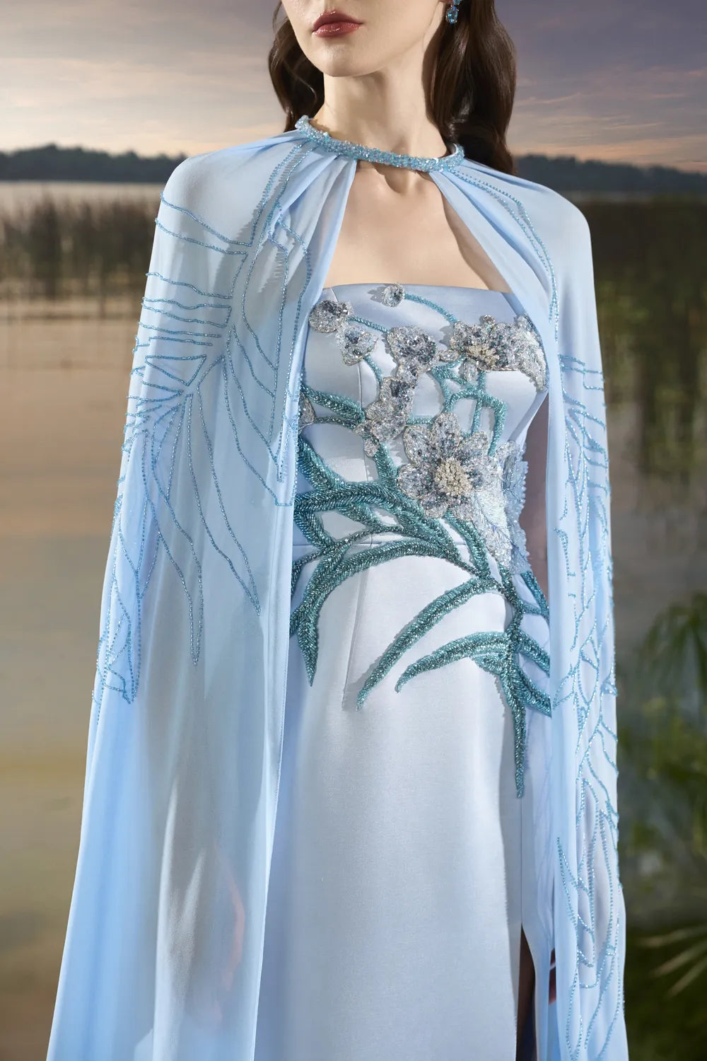 Flowing Cape With Strapless Dress Set - TRACY COUTURE