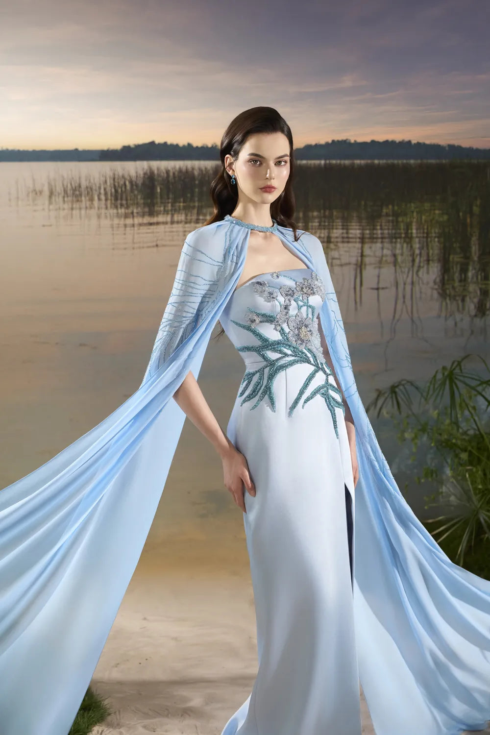 Flowing Cape With Strapless Dress Set - TRACY COUTURE