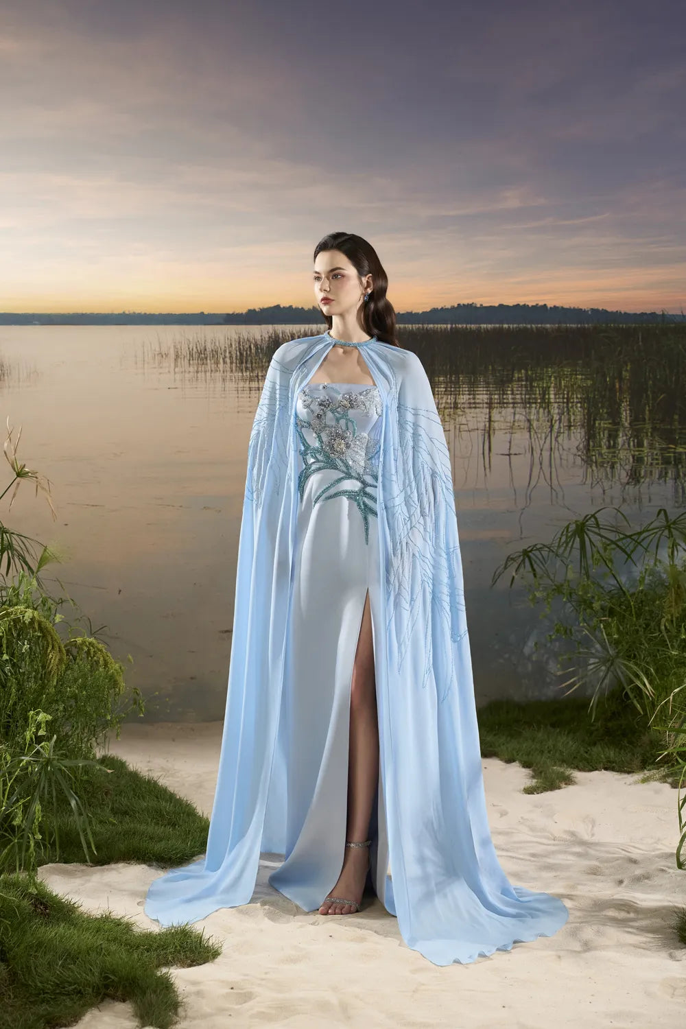 Flowing Cape With Strapless Dress Set - TRACY COUTURE