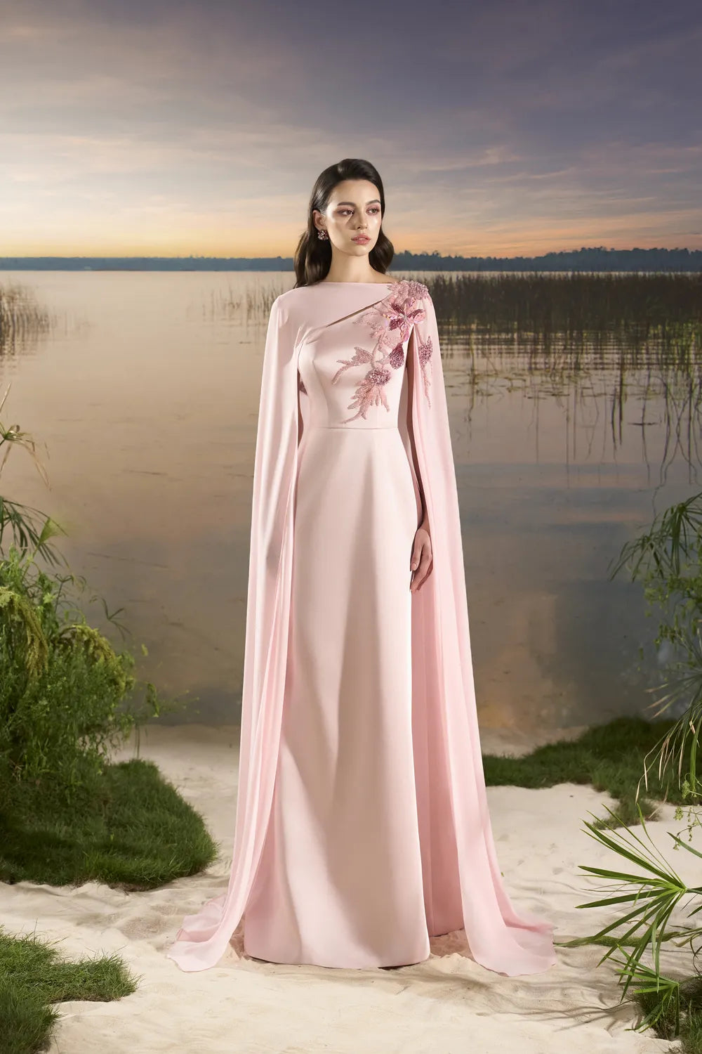 Diagonal Floral Embellished Long Back Flap Dress - TRACY COUTURE