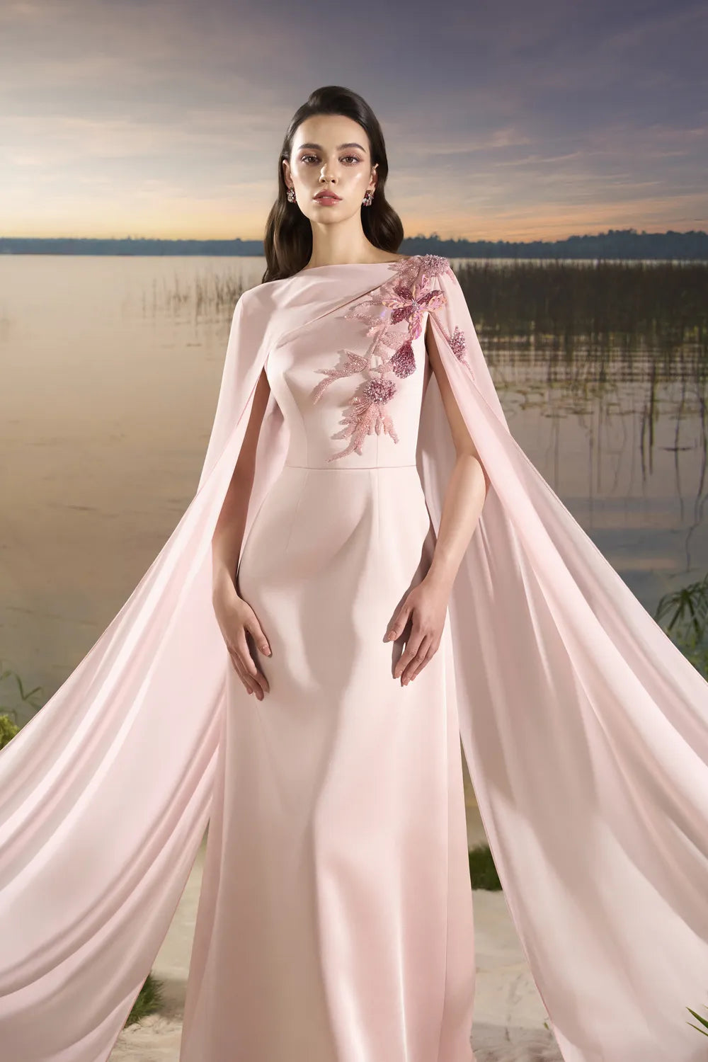 Diagonal Floral Embellished Long Back Flap Dress - TRACY COUTURE