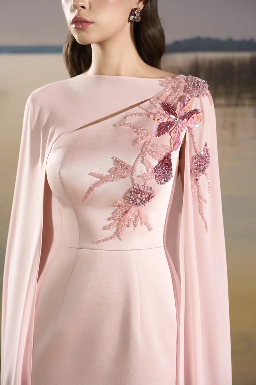 Diagonal Floral Embellished Long Back Flap Dress - TRACY COUTURE