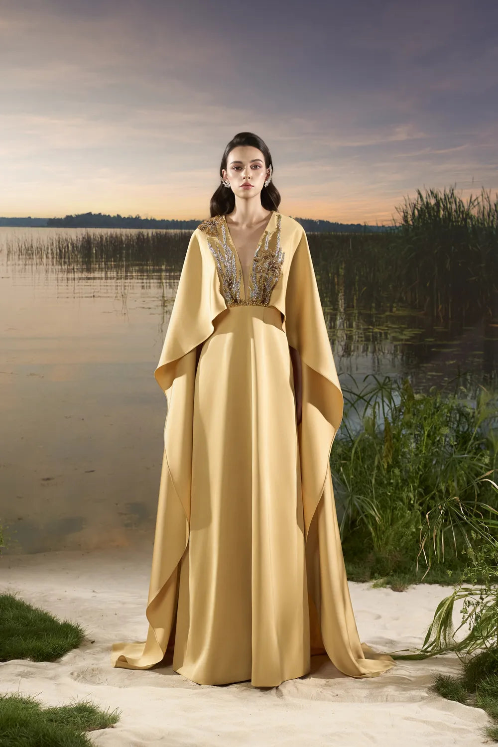 Double Embellished Wavy Flap A-Line Dress - TRACY COUTURE